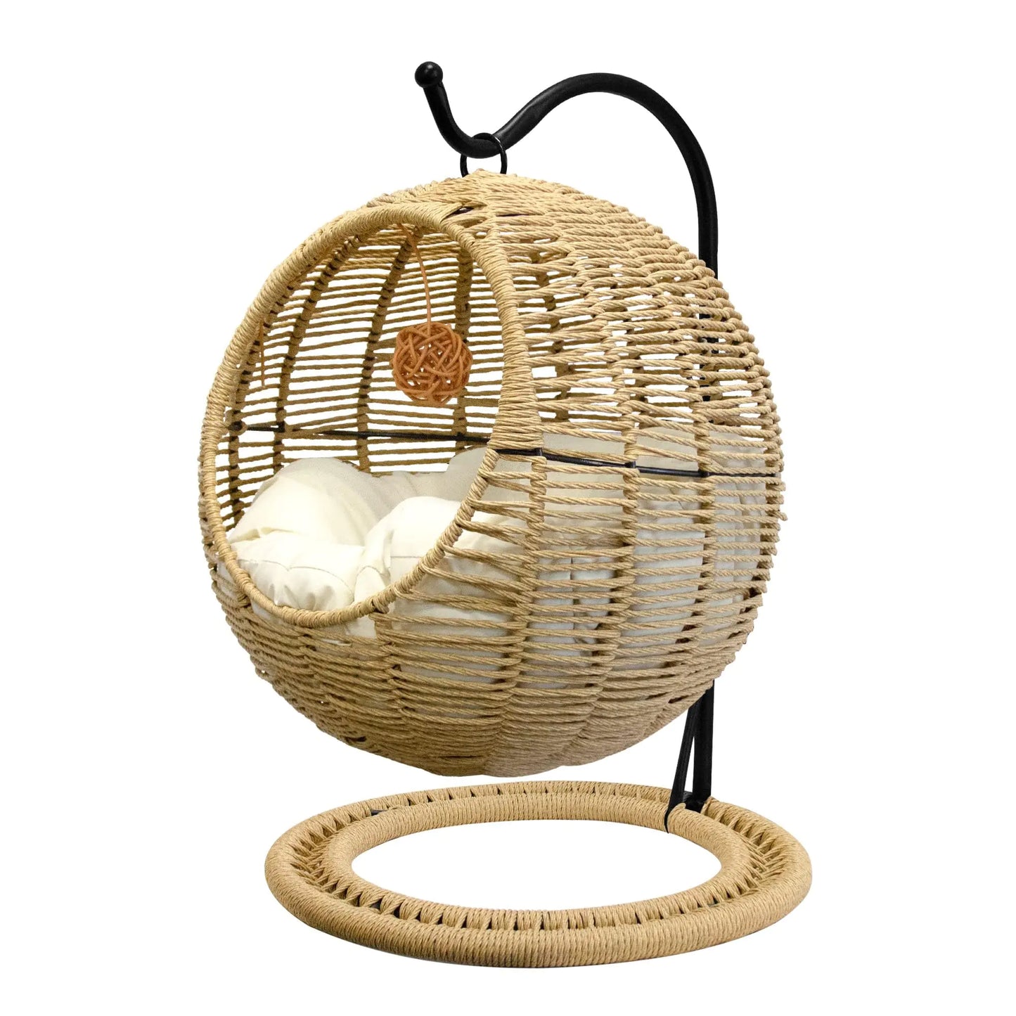 BROWN-BROWN Wicker Cat Bed Indoors & Outdoors Hand Made Cat Swing Bed with Removable Cushion & Hanging Ball Washable Pet Swing for Cat Small Dog Small Animals