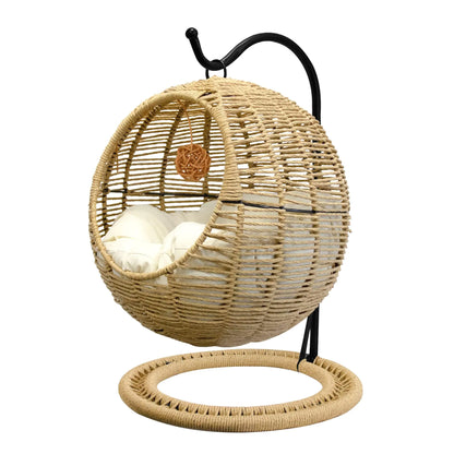 BROWN-BROWN Wicker Cat Bed Indoors & Outdoors Hand Made Cat Swing Bed with Removable Cushion & Hanging Ball Washable Pet Swing for Cat Small Dog Small Animals