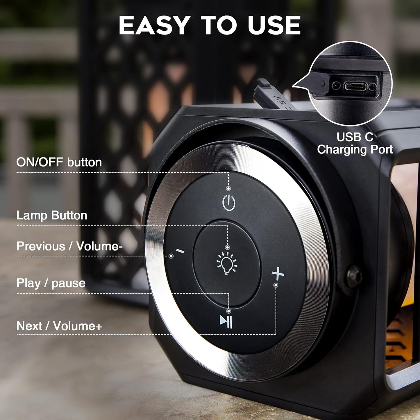 Outdoor Bluetooth Speaker with Flame Atmosphere Waterproof Wireless Speaker with Wall Mount/Stake/Hook