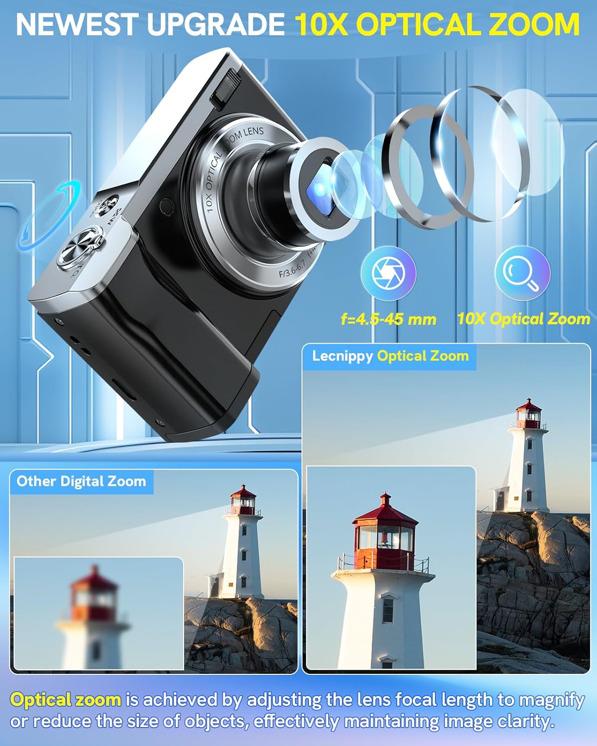 5K Digital Camera 56MP Cameras for Photography Autofocus10X Optical Zoom Vlogging Compact Camera with Front and Rear Camera6-Axis Anti-ShakeTouch Screen with 64GB SD Card2 Batteries