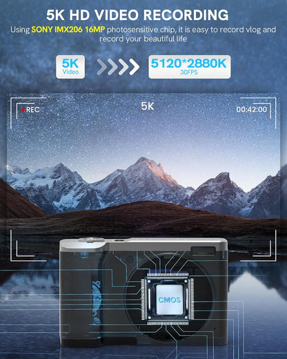5K Digital Camera 56MP Cameras for Photography Autofocus10X Optical Zoom Vlogging Compact Camera with Front and Rear Camera6-Axis Anti-ShakeTouch Screen with 64GB SD Card2 Batteries